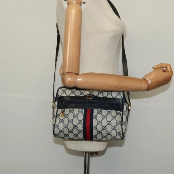 GUCCI GG Supreme Sherry Line Shoulder Bag PVC Navy Gold - Picture 1 of 16